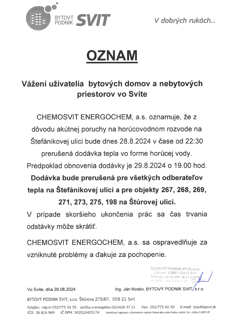 OZNAM prerušenie dodávky tepla 240828